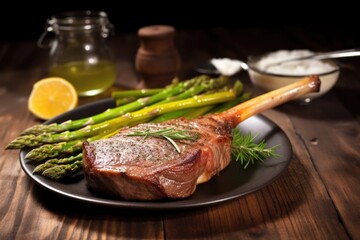 Wall Mural - medium-cooked tomahawk served with asparagus on a plate