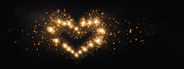 Wall Mural - Happy new year 2024, new year's eve, sylvester greeting card - Heart shape made of sparkling sparklers firework pyrotechnics, isolated on dark black night sky texture