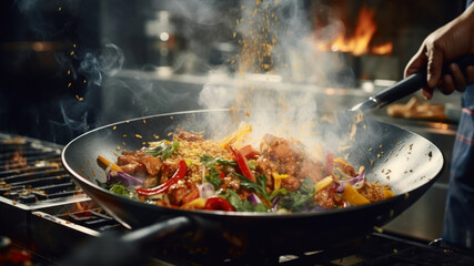 Close-up of a chef's hand preparing a meal in a wok