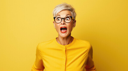Wall Mural - beautiful blonde woman wearing yellow casual clothes and glasses afraid and shocked with surprise ex