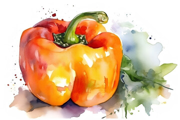 Watercolor red bell pepper with splashes of paint on a white background. 