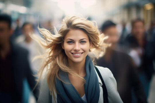 Smiling woman standing in the crowded Paris city street, feeling happy and blissful, busy blurred people pass by her