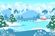 Winter landscape with ice cubes and house on lake on the mountain background.