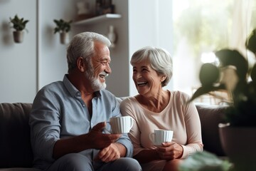 Contented elderly couple enjoying togetherness at home, drinking tea and sharing smiles and love.