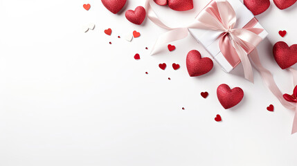 Wall Mural - Valentine Day composition with a few tiny hearts, and Valentine elements on white background, copy space for text,valentines background with hearts, top view