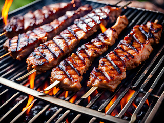 grilled meat steak on stainless grill depot with flames on dark background. barbecue or bbq, food an