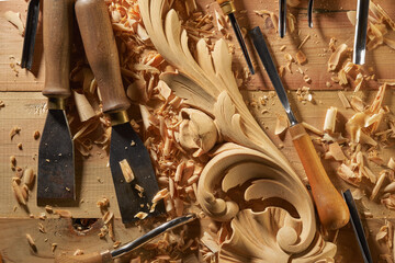 Wall Mural - Hands of craftsman carve with a gouge in the hands on the workbench in carpentry. Wood carving tools close-up top view