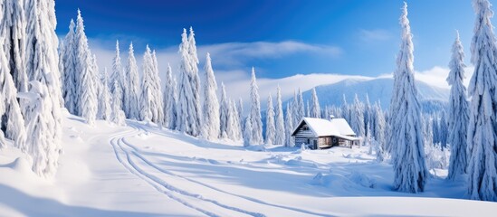 Wall Mural - As the sun gently kissed the winter sky, a picturesque landscape unfolded, revealing a snow-covered forest with towering trees adorned in white. The texture of the wood, dusted with snow, added to the