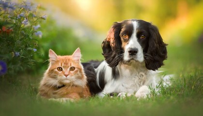  Lying in the green dog spaniel and cat in the summer