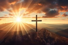 Christian Cross On Hill. Happy Easter. Christian Symbol Of Faith. Crucifix Symbol On Mountain Against Sunrise, Sunset Sky Background. Death And Resurrection Of Jesus Christ