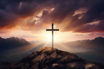 Poster - Silhouette of wooden christian cross, crucifix symbol on mountain against sunrise, sunset sky background. Death and resurrection of Jesus Christ. Easter concept. Church worship, salvation concept