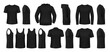 Black man shirt, hoodie and polo mockups, vector clothes, garment templates. Black shirts mock ups, sleeveless and long sleeve apparel, blank tshirt or hoody sweatshirt, men clothing casual top wear