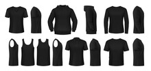 Black Man Shirt, Hoodie And Polo Mockups, Vector Clothes, Garment Templates. Black Shirts Mock Ups, Sleeveless And Long Sleeve Apparel, Blank Tshirt Or Hoody Sweatshirt, Men Clothing Casual Top Wear