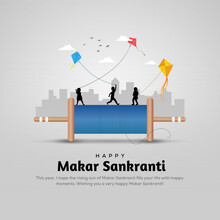 Indian Festival Happy Makar Sankranti Poster Design With Kites Flying Cloudy Sky. Abstract Vector Illustration Design.