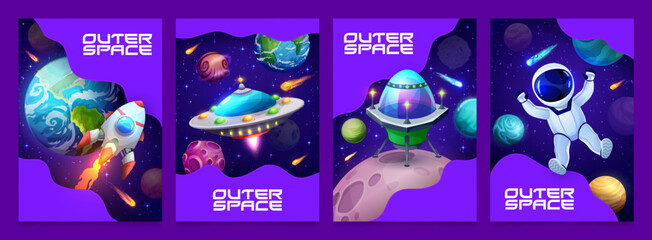 Wall Mural - space posters, cartoon rocket launch from earth, ufo saucer, astronaut and planets in galaxy. vector