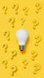 Multiple innovation questions for companies represented with a light bulb and ? sign on a yellow background.