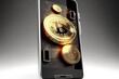 BItcoin coin and mobile phone isolated on white. Pay by bitcoin