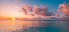 Panoramic Sea Skyline Beach. Amazing Sunrise Beach Landscape. Panorama Tropical Beach Reflection Horizon. Abstract Colorful Sunset Sky Light Tranquil Relax Summer Seascape Freedom Wide Angle Seascape