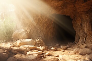 Wall Mural - Easter Sunday concept: Jesus Christ is risen from tomb. View from empty cave on Calvary hill to Jerusalem. Christian Easter concept. Church worship, salvation concept