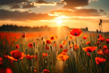 Wall Mural - Beautiful nature background with red poppy flower poppy in the sunset in the field. Remembrance day, Veterans day, lest we forget concept