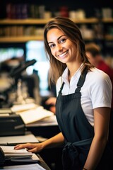 Smiling, young and attractive saleswoman, cashier serving customers.