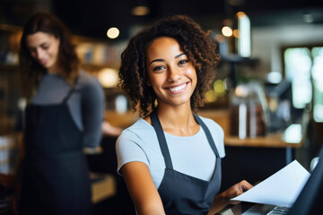 Smiling, young and attractive saleswoman, cashier serving customers.