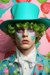 © Vesovic  - Portrait of a man with a blue fist and prince of flowers, great make-up around eyes, painted hair and blue hat.