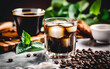 Vietnamese iced coffee. On a blurry backdrop, milk, ice cubes, and coffee beans surround short cups of freshly made Vietnamese coffee.