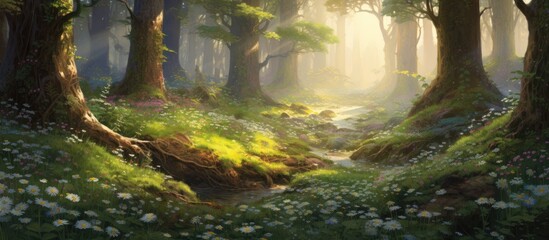 Wall Mural - In the heart of summer, as the sunlight filtered through the lush green canopy, a traveler discovered a serene forest filled with an abundance of colorful flowers, vibrant leaves, and a breathtaking