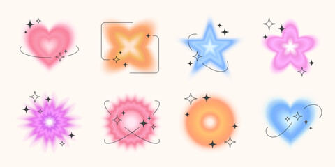 Wall Mural - blurred abstract shape set with black thin frames, y2k retro art, gradient glowing figures, stickers