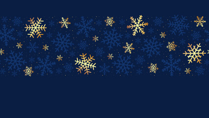 Wall Mural - Seamless border with snowflakes and gold dust. Navy christmas background