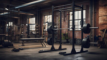 Weightlifting Area In Gym With Barbells And Weight Plates