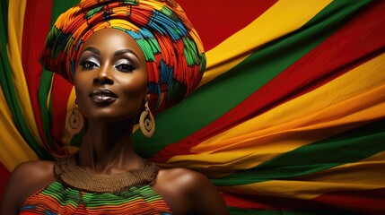 Wall Mural - African woman wearing traditional national clothing and head wrapper. Black History Month concept. Black beautiful lady close-up portrait dressed in colourful cloth and jewellery. .