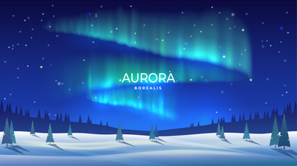 Wall Mural - Beautiful arctic aurora in the night sky. Bright aurora borealis. Winter landscape in the northern regions. Snowy valley. Spruce trees in snowdrifts. Vector image. Design background, banner, postcard.