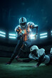American football players during game running on grass field stadium with spotlights in futuristic illuminating protective uniform.