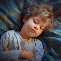 Poster - Close-up portrait of a little boy with closed eyes lying in bed