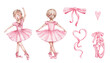 Pink collection with ballerinas, bow, ribbon, pointe shoes and heart; watercolor hand drawn illustration