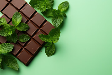 Organic mint chocolate. Chocolate spot with mint leaves