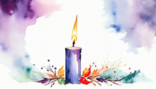 Beautiful christmasa advent candle painting with copy space in purple and green on white