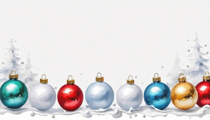 Wall Mural - Beautiful painted christmas card with bauble decorations snow and trees on white with copy space
