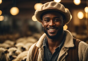 handsome black men become sheep farmer, inside ranch sheep on the background