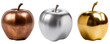 Three metallic apples (bronze, silver, golden) collection, isolated on a white background, fruit bundle