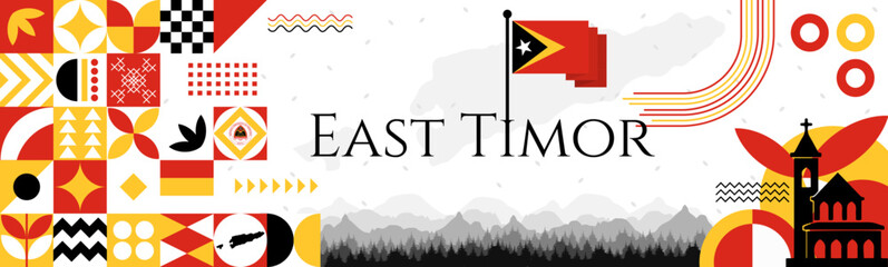 Wall Mural - East Timor Proclamation of Independence Day banner with name and map. Flag color themed Geometric abstract retro modern Design. Red, black and yellow color vector illustration template graphic design.