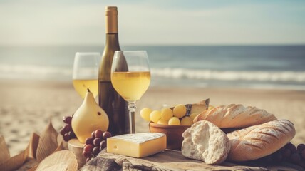 Wall Mural - Picnic with two wineglasses with white wine and bottle, bread, cheese, grapes on beautiful sea sand beach.