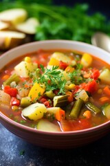 Wall Mural - A hearty and healthy vegetable soup with chunks of colorful veggies and sprig of fresh herbs on top