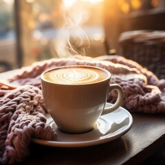 Poster - A cup of steaming hot coffee sits on a wooden table next to a cozy knit blanket