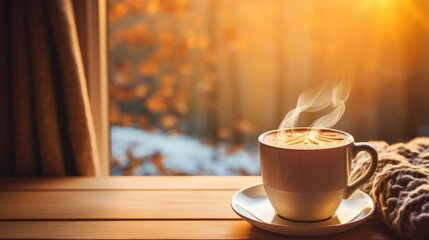 Poster - A cup of steaming hot coffee sits on a wooden table next to a cozy knit blanket