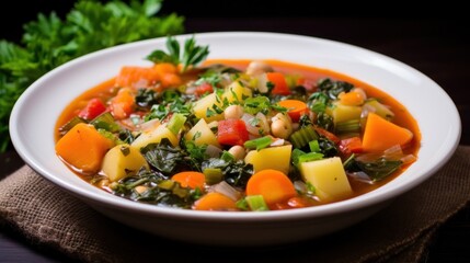 Wall Mural - A hearty and healthy vegetable soup with chunks of colorful veggies and sprig of fresh herbs on top