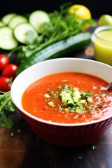Wall Mural - light and refreshing gazpacho soup with bright red tomatoes, crisp cucumbers, and of olive oil