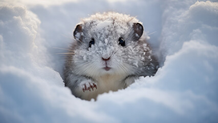 A lemming looking around in the white snow of the tundra with only its face exposed.